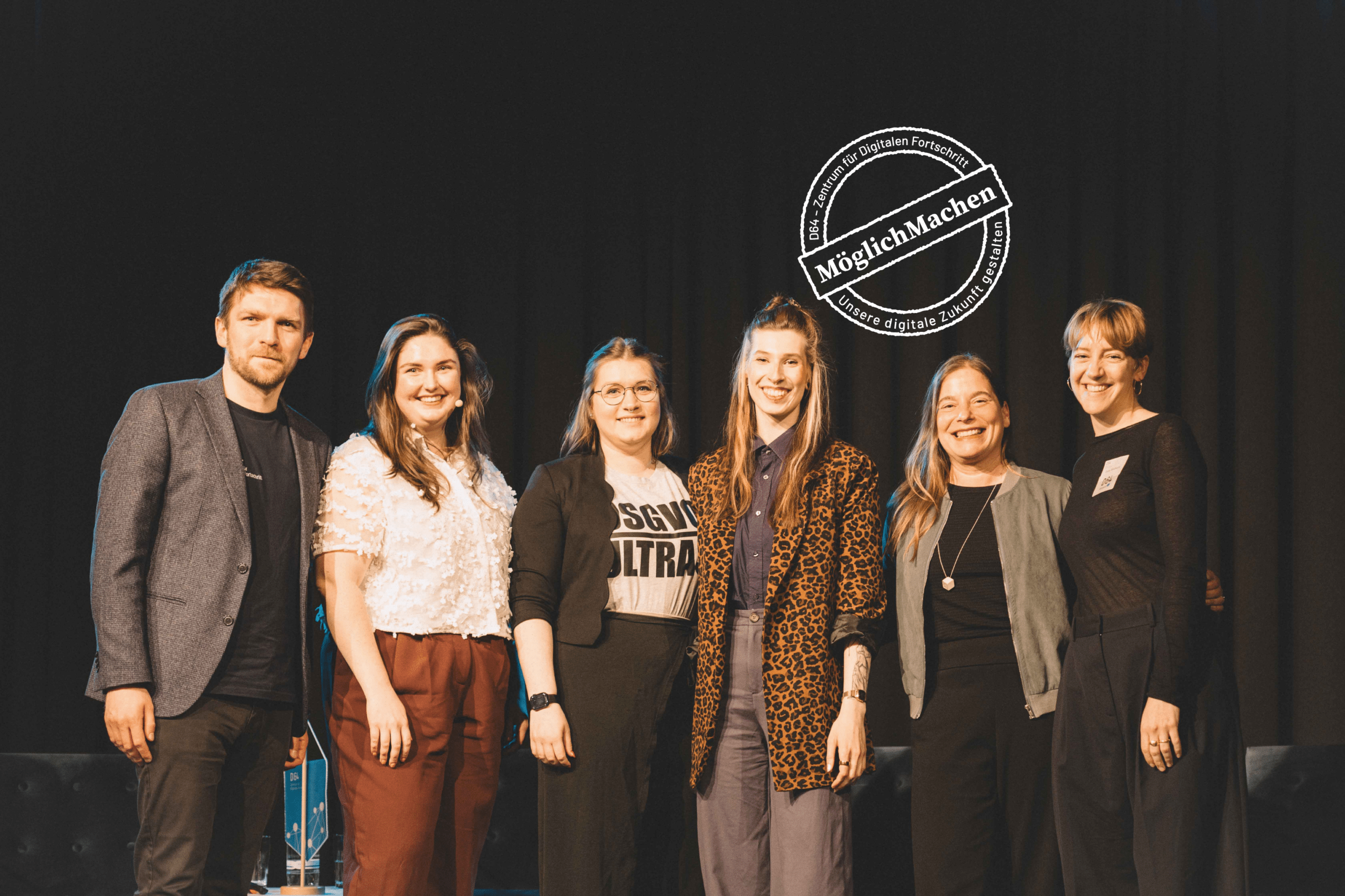 Erik Tuchtfeld, Anna Lob, Anna Kassautzki, Donata Vogtschmidt, Katarina Peranic und Svea Windwehr auf dem D64-Frühjahrsempfang 2026. Bild: D64/Pedro Da Silva